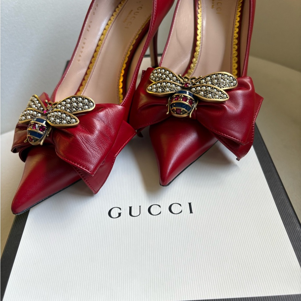 Gucci Red Authentic Heels with Crystal Embellishments
